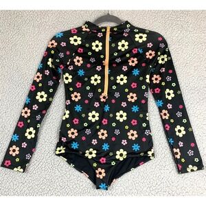 Beach Riot Girls 11/12 Floral Long Sleeve Rash Guard One Piece Swimsuit Half Zip